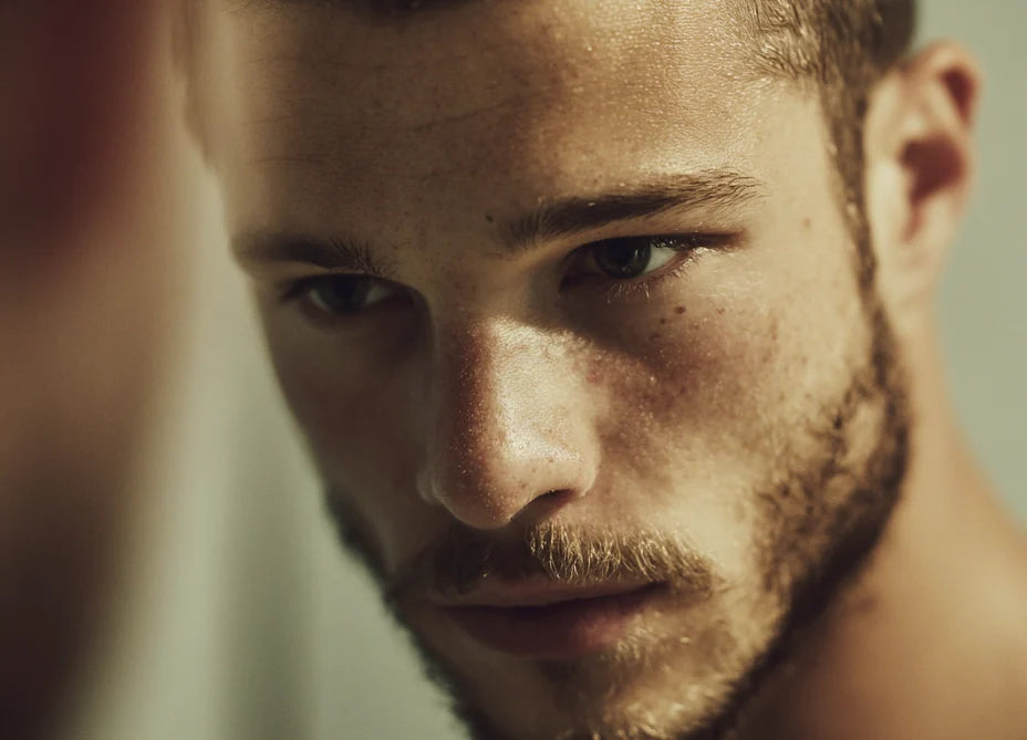 Retrato a color de un chico joven y guapo de 25 años aproximadamente se mira en el espejo. Tiene el pelo corto, rubio oscuro y barba de varios días.