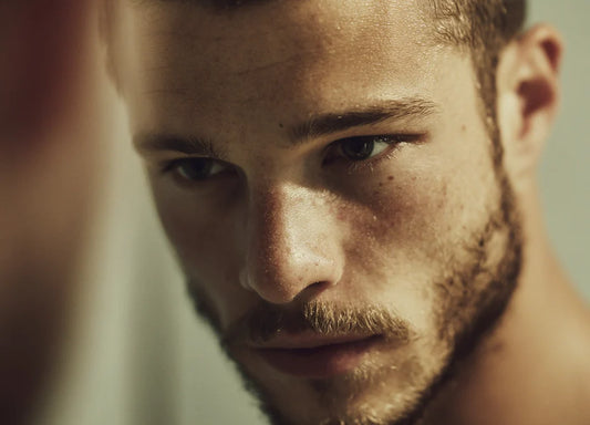 Retrato a color de un chico joven y guapo de 25 años aproximadamente se mira en el espejo. Tiene el pelo corto, rubio oscuro y barba de varios días.